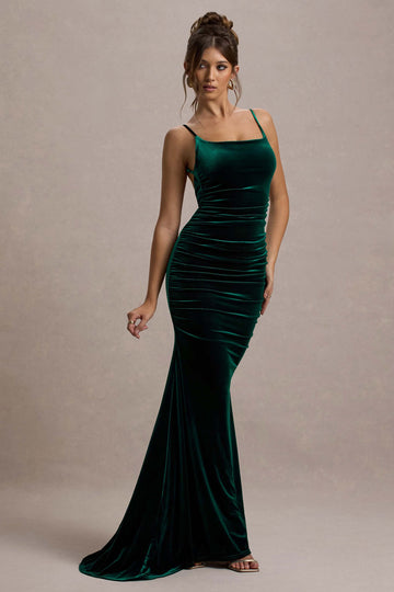 Adele Bottle Green Velvet Ruched Strappy Fishtail Maxi Dress